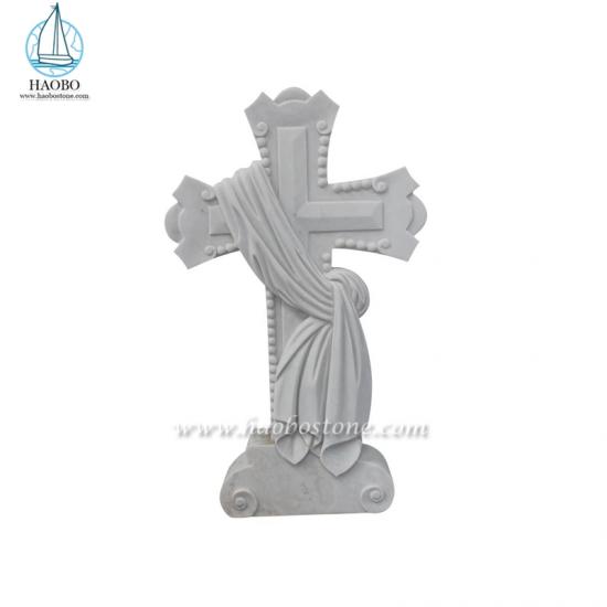 White Marble Cross Carved Headstone