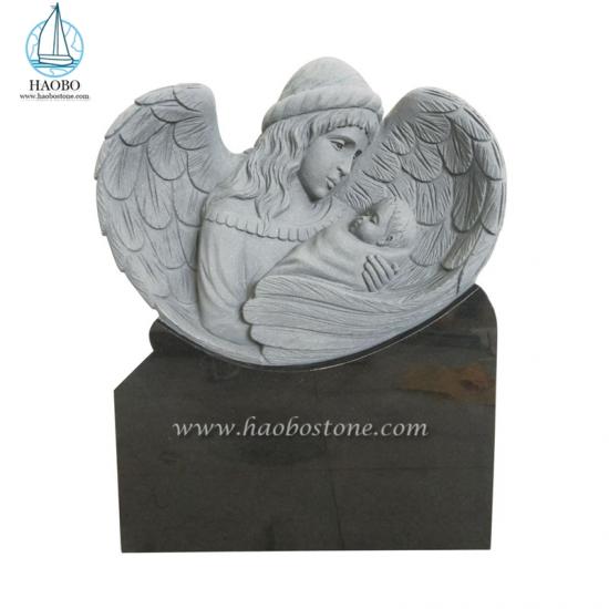 Black Granite Angel With Baby Carving Headstone