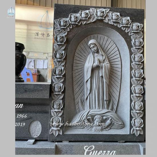  Dark Grey  Granite Three-dimensional Carved Edge Designed Upright  Headstone with Virgin Mary Carving 