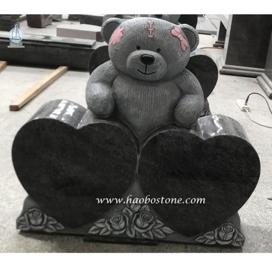  Grey Granite Upright Heart Shaped with Carved Cartoon Bear Memorial Headstone 