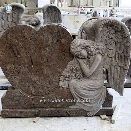 Paradiso Granite Winged Weeping Angel Holding Floral Carved  Headstone 