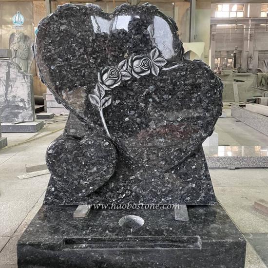  Blue Pearl Granite Heart Shaped with Antique Floral Carved Monument 